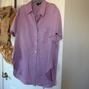 THEORY Hekanina Tie-Hem Blouse {$295} Lilac Purple Button Down Stretch Silk Sm